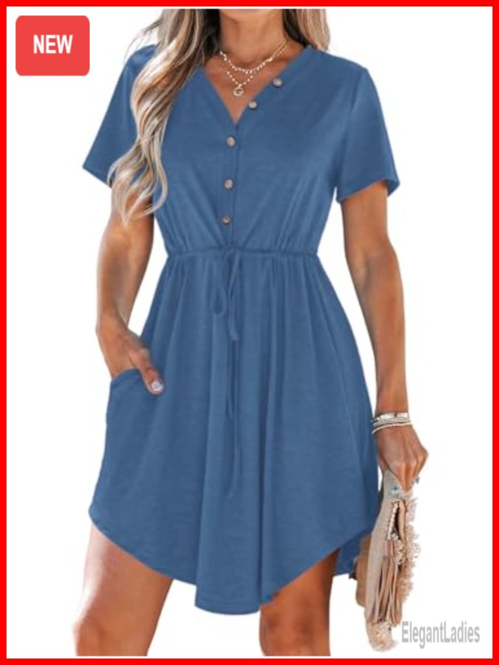 MISFAY Women Summer V-Neck Short Sleeve Dress with Pockets